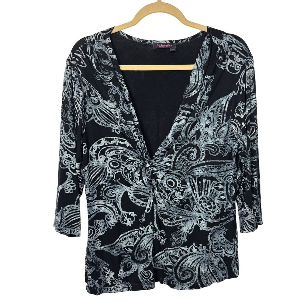Fresh Produce Womens Paisley Print Top Black & Blue XL